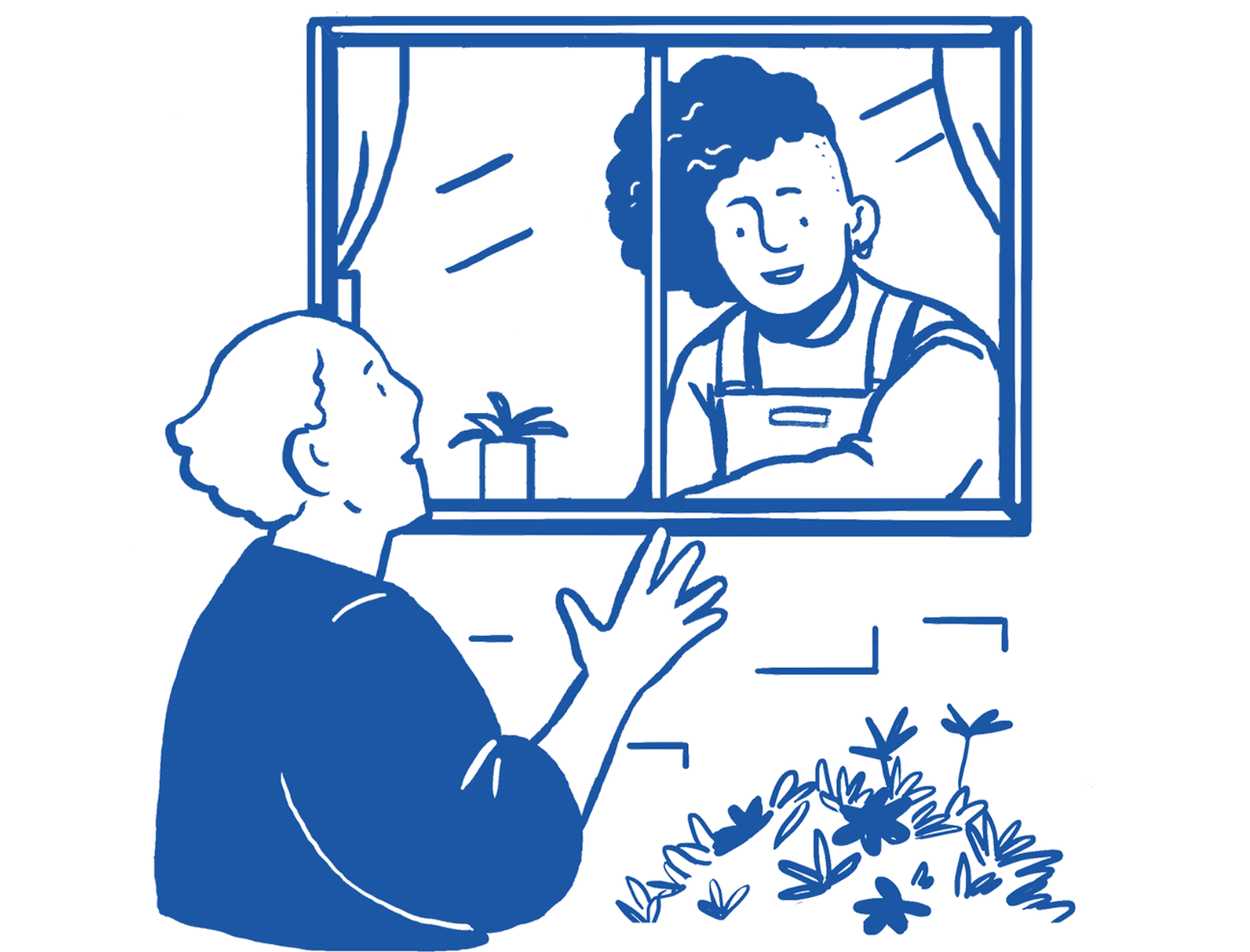 Illustration of a person waving through a window
