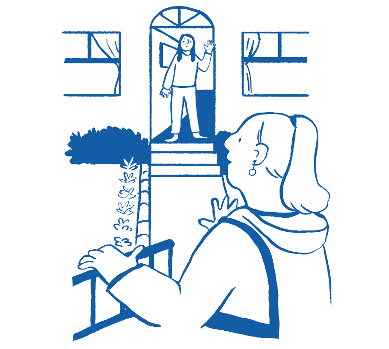 Illustration of a person waving from a doorway