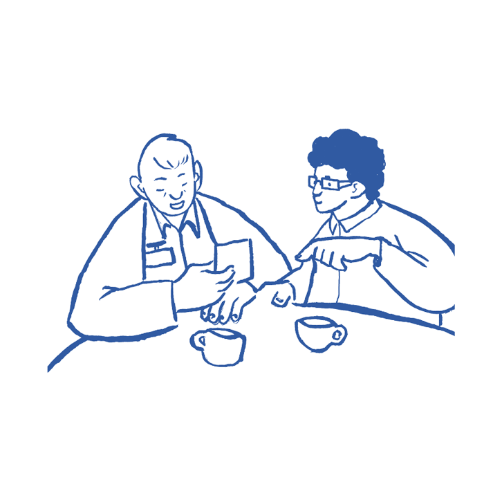Illustration of two people chatting over coffee